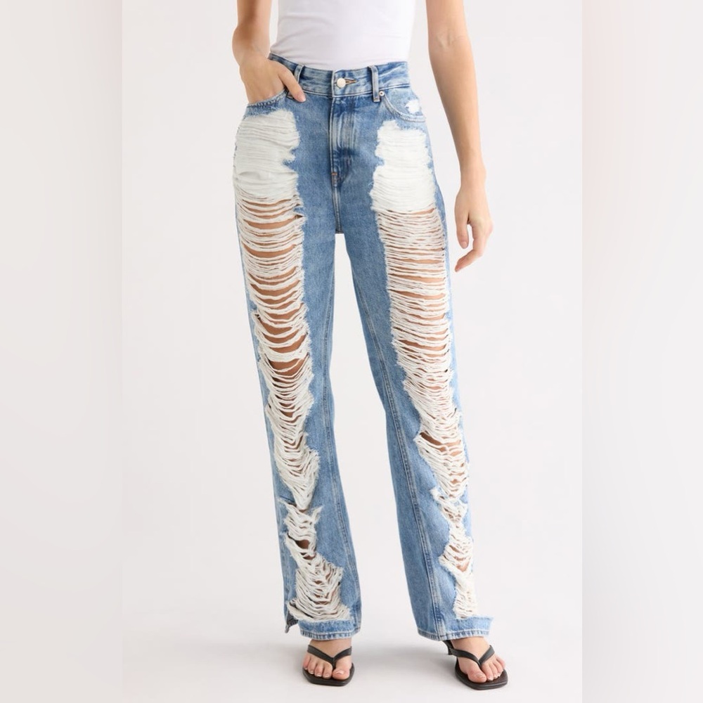 Good American The Khloé High Waist Ripped Denim Straight Leg Jeans NWT 00/24